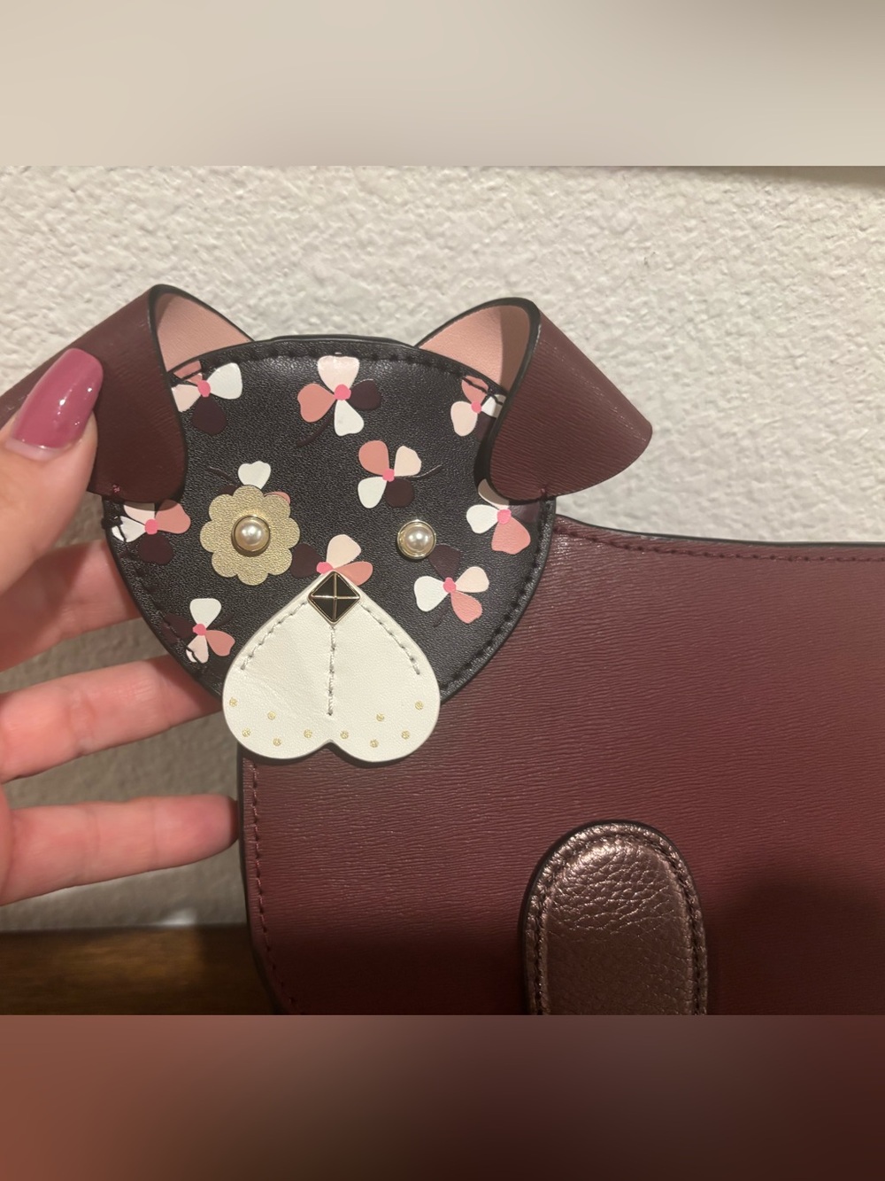 kate spade Burgundy and Brown Dog Crossbody Bag with Floral Face - Picture 4 of 13